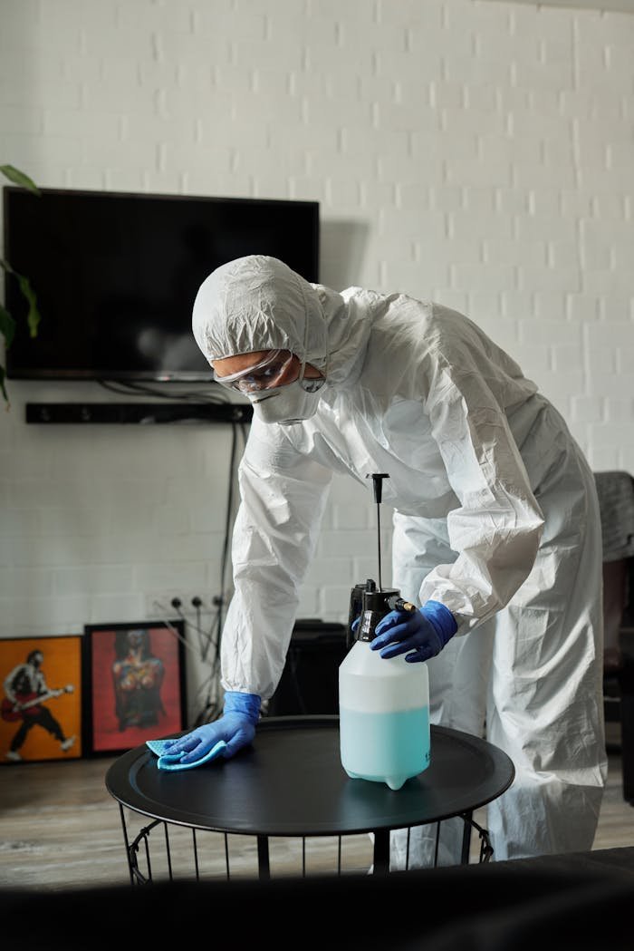Home cleaning professional sanitizing living room surface in India with protective gear