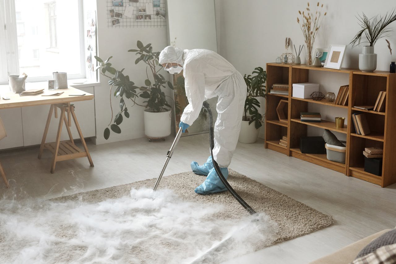 Professional pest control expert disinfecting carpet in Patna using safe chemicals for home safety
